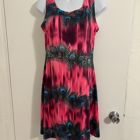 Pink & Multi Color Peacock Dress Size Small Sundress, Beach, Casual, - Picture 2 of 4